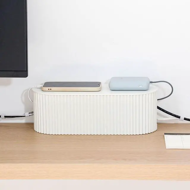 Main image of White Cable Box Organizer, Small, Plastic | Cord Hider Box with Lid, For Desk and Floor, Power Strips Cover, For Home, Office, Computer, TV, School, Kitchen