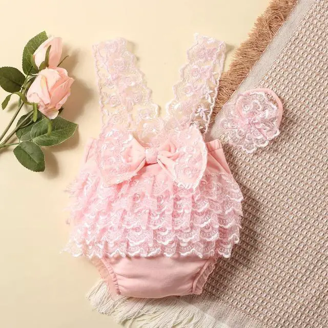 Alt view image 2 of 6 - Newborn Photography Outfits Girl Newborn Photography Props Lace Romper Baby Photo Shoot Outfits Girls Photo Props (Strap Style - Pink)