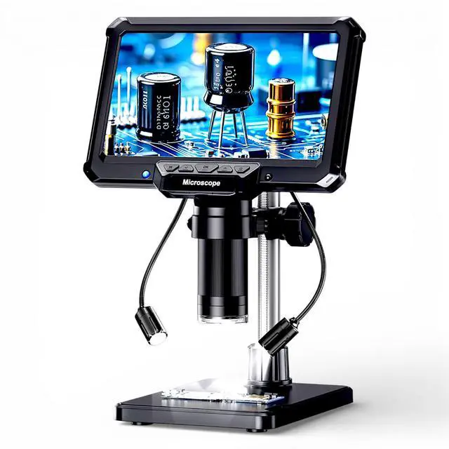 Main image of 7" LCD Digital Soldering Microscope with Remote and Side Lights | For soldering and PCB inspection. 7" screen, remote and 2 side lights help reduce shake and shadows