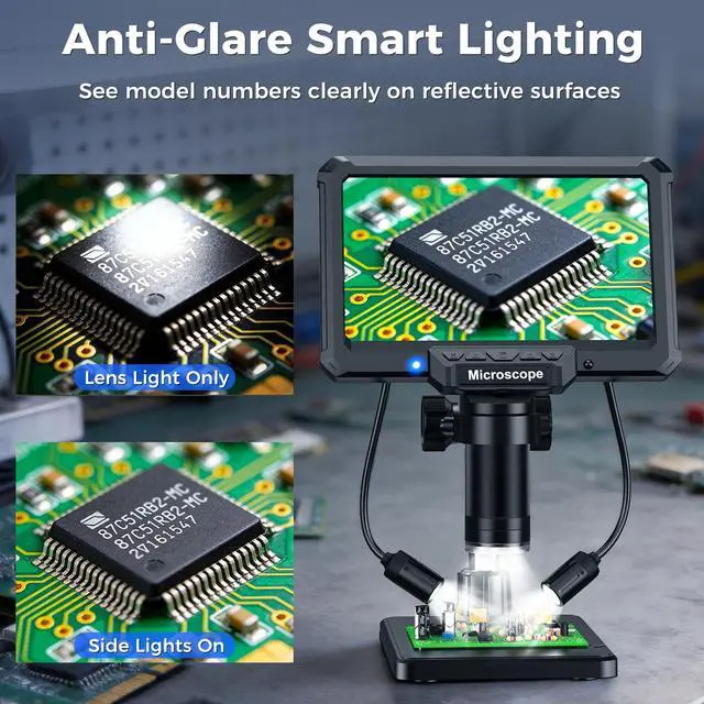 Alt view image 3 of 6 - 7" LCD Digital Soldering Microscope with Remote and Side Lights | For soldering and PCB inspection. 7" screen, remote and 2 side lights help reduce shake and shadows