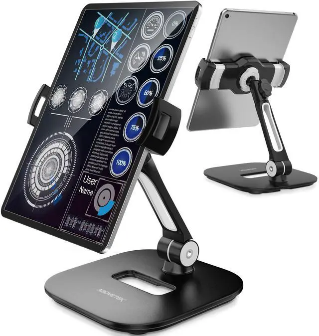 Main image of Tablet Stand Holder, Stylish Aluminum iPad Stands, Foldable 360° Swivel Table Stand Holder fits 4-11" Tablets/Smartphones for Kitchen Bedside Office POS Showroom Reception (Black)