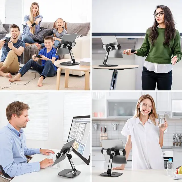 Alt view image 3 of 6 - Tablet Stand Holder, Stylish Aluminum iPad Stands, Foldable 360° Swivel Table Stand Holder fits 4-11" Tablets/Smartphones for Kitchen Bedside Office POS Showroom Reception (Black)