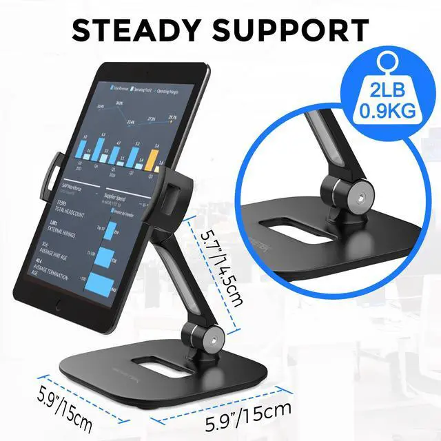 Alt view image 4 of 6 - Tablet Stand Holder, Stylish Aluminum iPad Stands, Foldable 360° Swivel Table Stand Holder fits 4-11" Tablets/Smartphones for Kitchen Bedside Office POS Showroom Reception (Black)