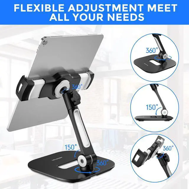 Alt view image 5 of 6 - Tablet Stand Holder, Stylish Aluminum iPad Stands, Foldable 360° Swivel Table Stand Holder fits 4-11" Tablets/Smartphones for Kitchen Bedside Office POS Showroom Reception (Black)