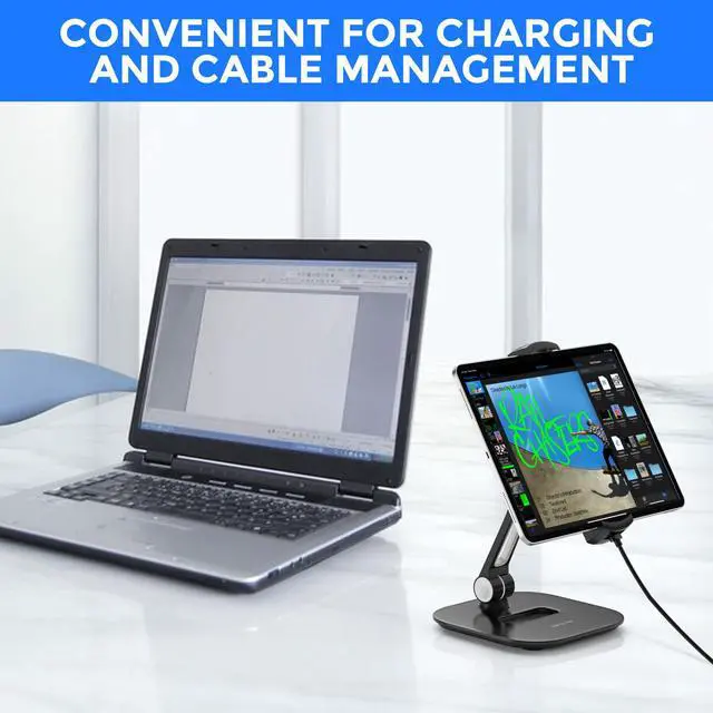 Alt view image 6 of 6 - Tablet Stand Holder, Stylish Aluminum iPad Stands, Foldable 360° Swivel Table Stand Holder fits 4-11" Tablets/Smartphones for Kitchen Bedside Office POS Showroom Reception (Black)