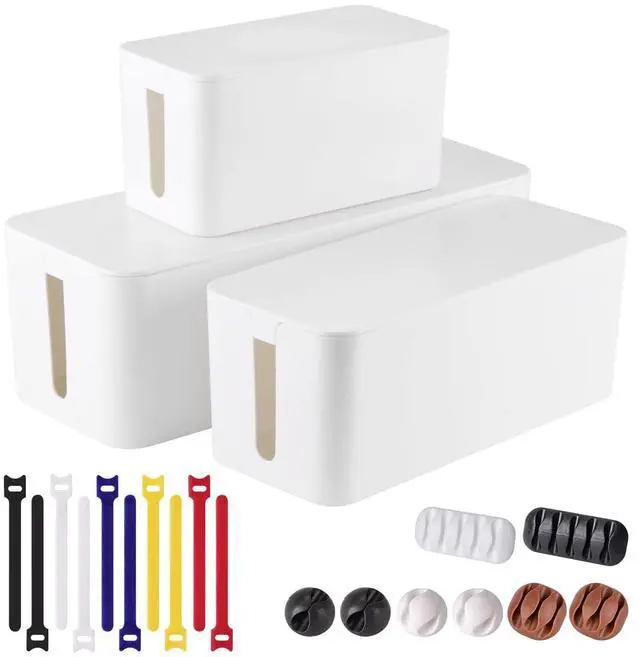 Main image of 3 Pack Cable Management Box, Cable Organizer Box to Hide Wires | Desk Cord Organizer with 18-Piece Cable Management, Power Strips Holder, for Home & Office, White