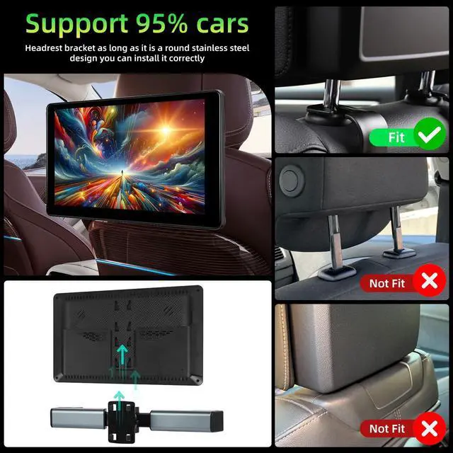 Alt view image 2 of 6 - Car Headrest Video Player, 9 inch IPS Screen Headrest TV Support Phone Wireless Carplay and Android Auto, Mirror Link, Video Website, Voice Control + 64G Memory Card