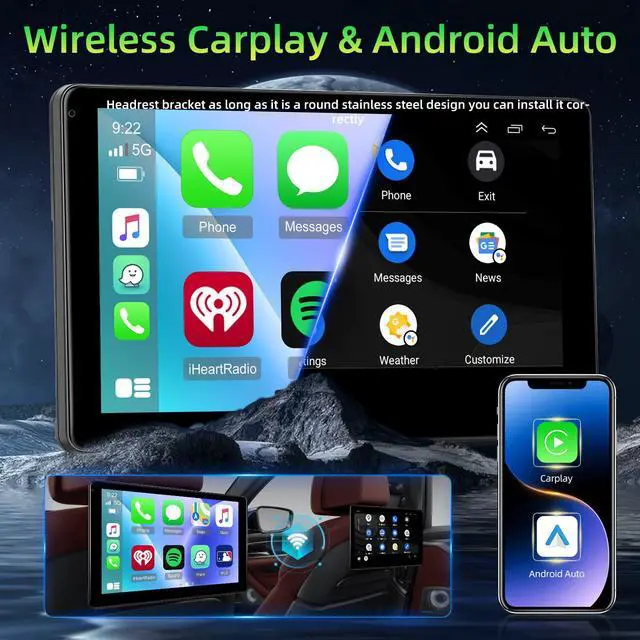 Alt view image 4 of 6 - Car Headrest Video Player, 9 inch IPS Screen Headrest TV Support Phone Wireless Carplay and Android Auto, Mirror Link, Video Website, Voice Control + 64G Memory Card