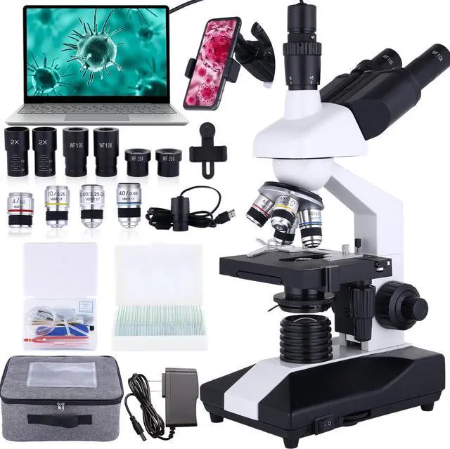 Main image of Compound Trinocular Microscope 40X-5000X Magnification, Research Grade Professional Microscope, Two Levels of Mechanical Stage LED Illumination, USB Video Camera with Microscope for Adults