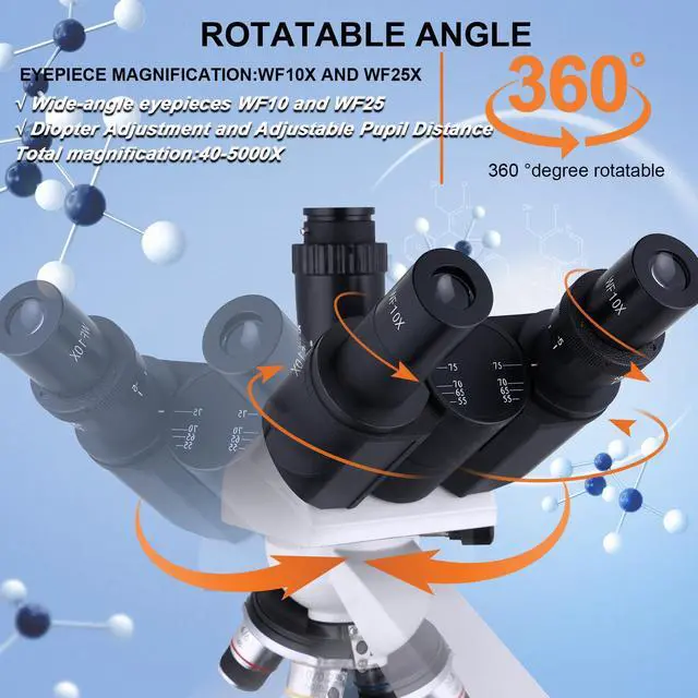 Alt view image 3 of 6 - Compound Trinocular Microscope 40X-5000X Magnification, Research Grade Professional Microscope, Two Levels of Mechanical Stage LED Illumination, USB Video Camera with Microscope for Adults