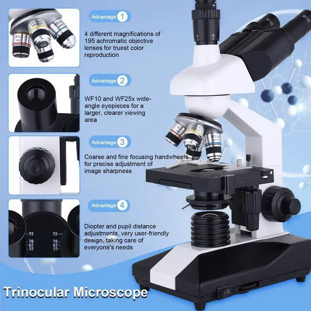 Alt view image 4 of 6 - Compound Trinocular Microscope 40X-5000X Magnification, Research Grade Professional Microscope, Two Levels of Mechanical Stage LED Illumination, USB Video Camera with Microscope for Adults