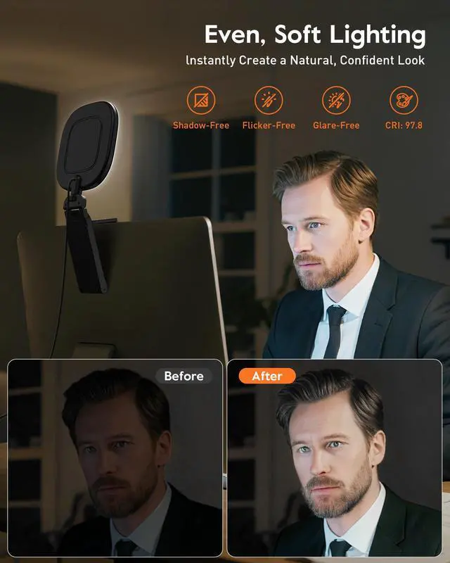 Alt view image 2 of 6 - Ring Light for Laptop, Monitor, Desk, Eye-Caring Diffused LED Light | Soft Computer Light with Screen-Safe Clip, Adjustable Mount, CRI 97.8+, 50 Lighting Modes for Zoom, Video Calls & Streaming