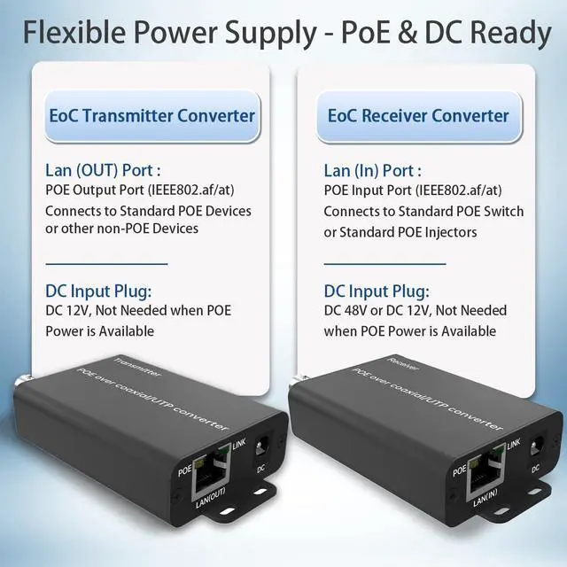 Alt view image 4 of 6 - POE Over Coax Converter BNC to Ethernet IP Extender EOC, 3280ft(1000m) Power & Data Transmission Over RG59 Coaxial Cable for Analog to IP CCTV Security Surveillance System Upgrade 2 in1 BNC+Twist Pair
