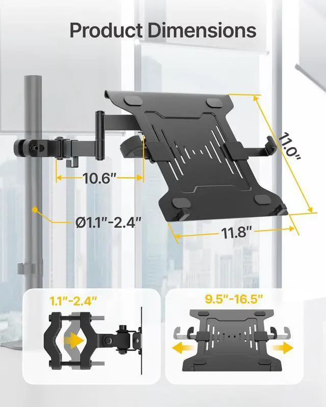 Alt view image 5 of 6 - 2-in-1 Pole Mount, Laptop Tray & Monitor Arm for 1032" Screens | 2-in-1 Pole Mount with Laptop Tray, Works for 1015.6"Laptops & 1732" Monitors, Fits 1.1"2.4" Poles, Ideal for Office