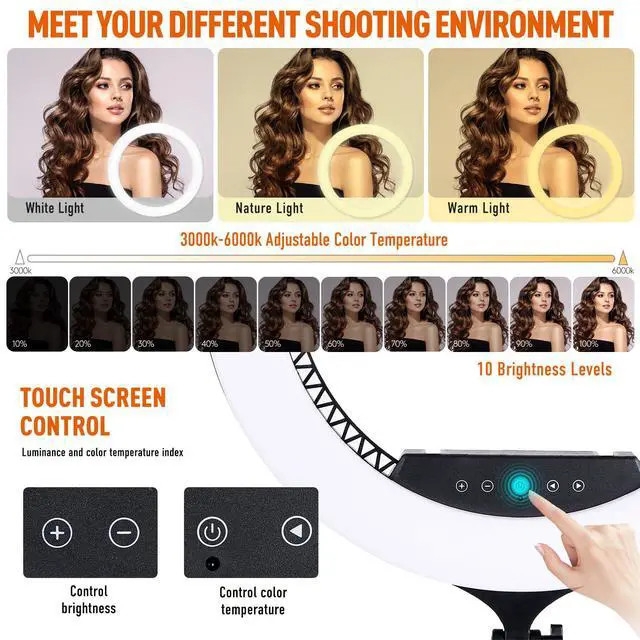 Alt view image 2 of 6 - 21 inch LED Ring Light with Tripod Stand 6000K Dimmable Makeup Selfie Light with Touch Panel Phone Holders for YouTube Vlog Video Shooting Include Carrying Bag and Remote Control CRI>90