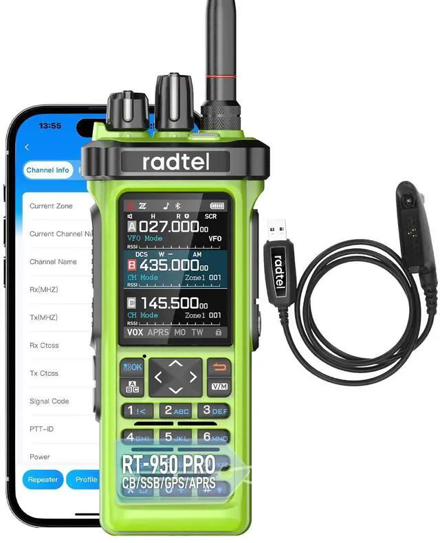 Main image of RT-950 PRO Ham Radio TX GPS/APRS, 10W Walkie Talkie Long Range Handheld Two Way Radio, AM/FM/CB/SW/MW/LW RX, Bluetooth APP Programming, NOAA, Spectrum Analyzer,Green (with Programming Cable)