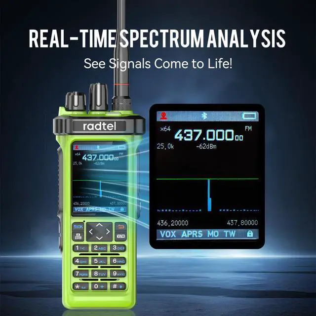 Alt view image 2 of 6 - RT-950 PRO Ham Radio TX GPS/APRS, 10W Walkie Talkie Long Range Handheld Two Way Radio, AM/FM/CB/SW/MW/LW RX, Bluetooth APP Programming, NOAA, Spectrum Analyzer,Green (with Programming Cable)