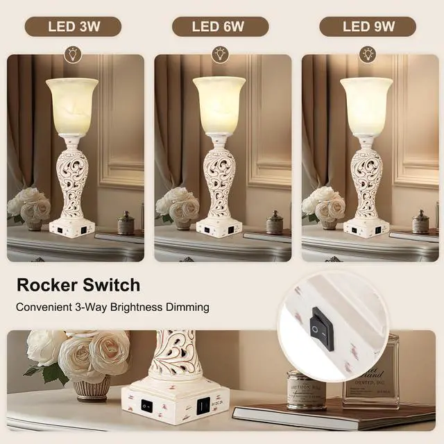 Alt view image 4 of 6 - 20" Bedside Lamp for Bedroom, 3-Way Dimmable Bulb Include, Washed White | Torchiere Uplight, 2 USB Ports, Vintage Desk Lamp with Glass Shade, Retro Rustic Nightstand Light for Living Room Entryway