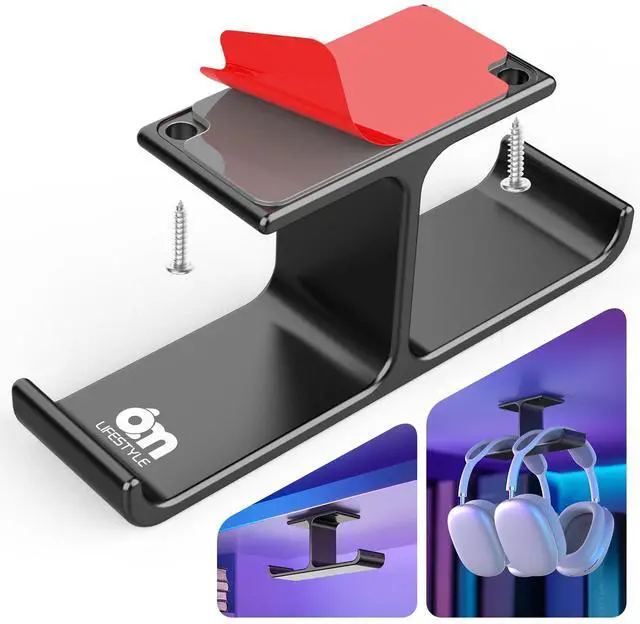 Main image of All Aluminum Headphone Stand Under Desk, Dual Headset Holder Hanger with Industrial-Strength Adhesive & Screw Mount, Gaming Desk Accessories, Under Table Earphone Hook for PC Headsets, Bags, Black
