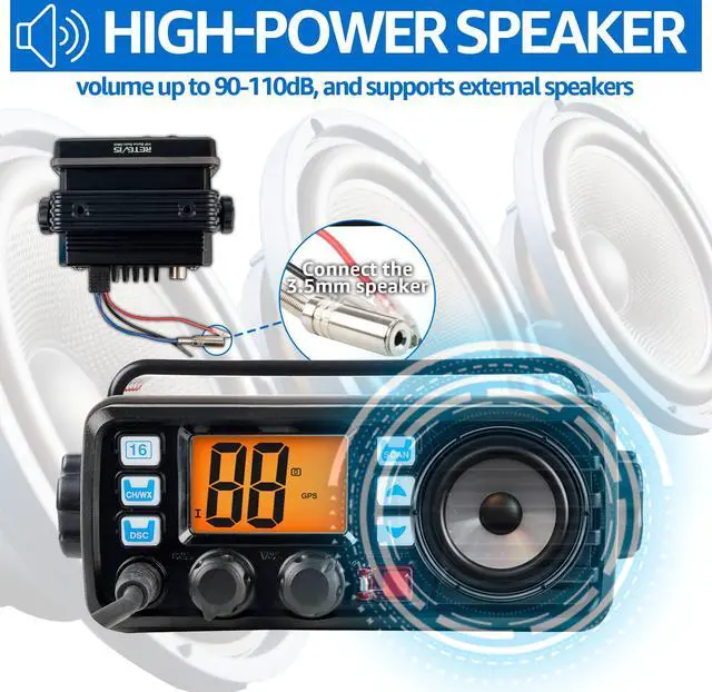 Alt view image 2 of 6 - RM20 25W Fixed Mount Marine Radio, IP67 Built-in GPS DSC Loud Audio | Offshore Fishermen, Charter Boat Captains, 110dB Speaker, NOAA Weather Alert, 88 Global Channels, Vibration Drainage, 3-Watch