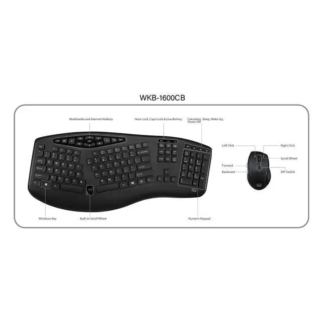 Alt view image 6 of 6 - WKB-1600CB TruForm Wireless Ergonomic Keyboard & Optical Mouse Combo | Media, Split Design, Adjustable DPI, 24 GHz RF Technology, Multimedia Hotkeys