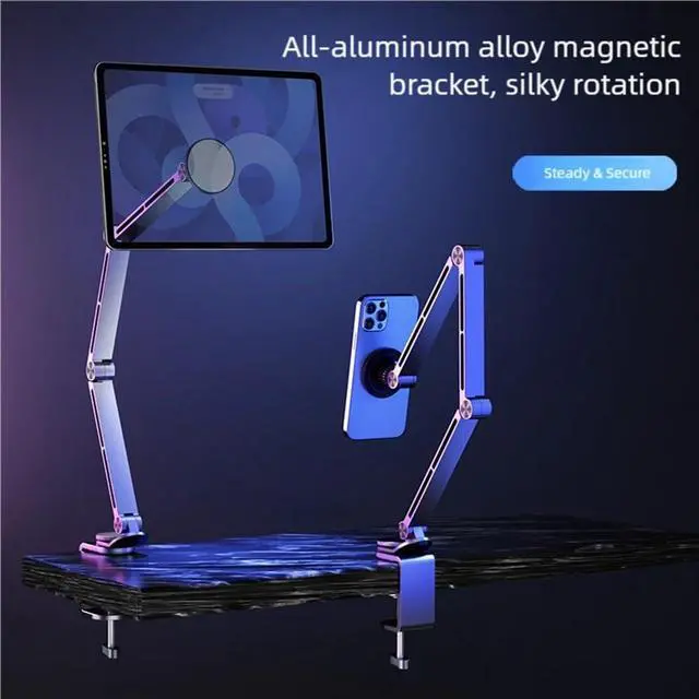 Alt view image 3 of 6 - Magnetic Heavy Duty Metal Phone/Tablet Holder for Bed Adjustable Foldable Stand for Desk Aluminum Universal Lazy Bracket 360° Rotation Flexible Long Arm (Grey, Magnetic)
