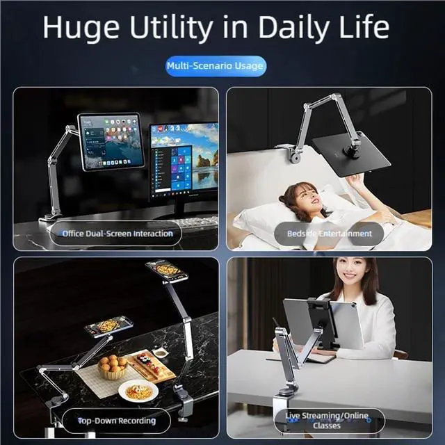 Alt view image 4 of 6 - Magnetic Heavy Duty Metal Phone/Tablet Holder for Bed Adjustable Foldable Stand for Desk Aluminum Universal Lazy Bracket 360° Rotation Flexible Long Arm (Grey, Magnetic)