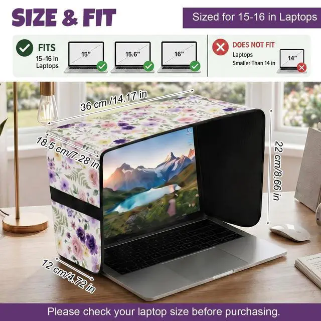 Alt view image 2 of 6 - Laptop Sun Shade for 15-16 Inch Laptops, Foldable Computer Sun Visor and Glare Filter, Floral Pattern Lightweight Laptop Privacy Hood for Outdoor Work (White)