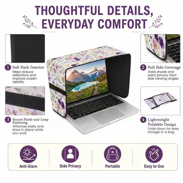 Alt view image 5 of 6 - Laptop Sun Shade for 15-16 Inch Laptops, Foldable Computer Sun Visor and Glare Filter, Floral Pattern Lightweight Laptop Privacy Hood for Outdoor Work (White)