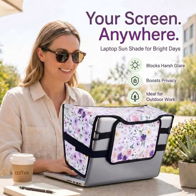 Alt view image 6 of 6 - Laptop Sun Shade for 15-16 Inch Laptops, Foldable Computer Sun Visor and Glare Filter, Floral Pattern Lightweight Laptop Privacy Hood for Outdoor Work (White)