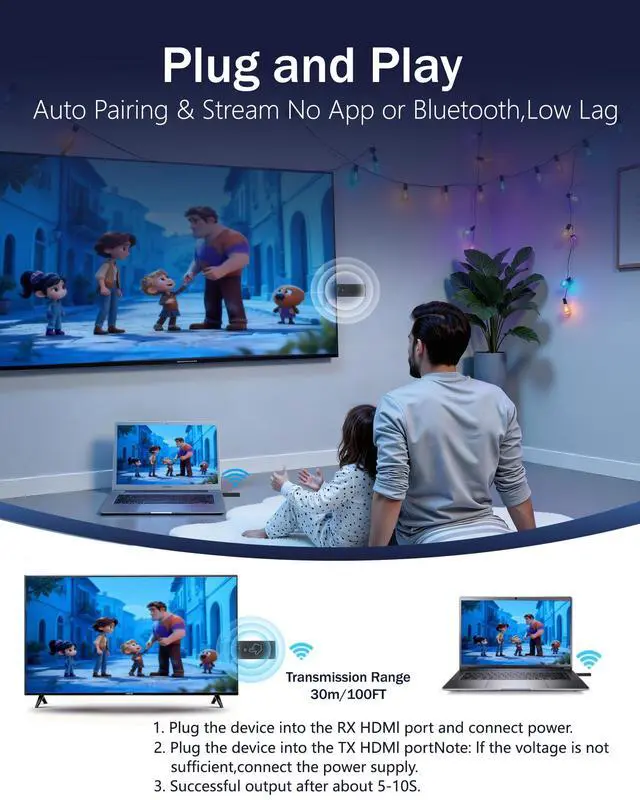 Alt view image 4 of 6 - Wireless HDMI Transmitter and Receiver 4K, Wireless Hdmi True UHD 4-K Input & 4K Output, Plug & Play, 98ft Range, Dual Band 2.4G/5G, for Laptop/PC/TV Box to HDTV/Projector, No App Needed