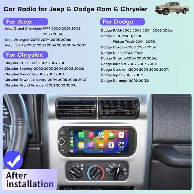 Alt view image 2 of 6 - Car Radio for Dodge RAM 2002-2006 Jeep Wrangler 2003-2006 Grand Cherokee | CarPlay Upgrade Stereo Replacement Touchscreen Bluetooth WiFi with Backup Camera