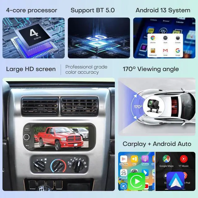 Alt view image 5 of 6 - Car Radio for Dodge RAM 2002-2006 Jeep Wrangler 2003-2006 Grand Cherokee | CarPlay Upgrade Stereo Replacement Touchscreen Bluetooth WiFi with Backup Camera