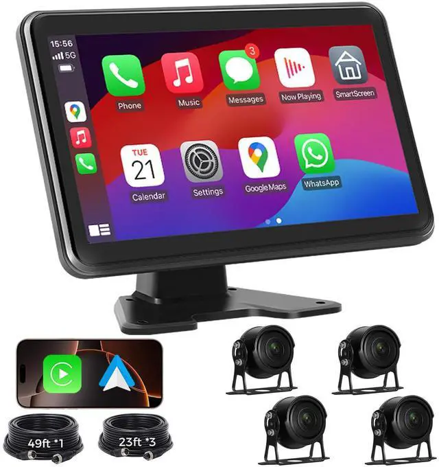 Main image of RV Truck Camera System with CarPlay & Android Auto,4 Channel HD1080P IP68 Wired Backup Camera for Semi Trucks, RVs, Trailers, 10'' Touch Screen with DVR Recording & 64GB Micro SD Card
