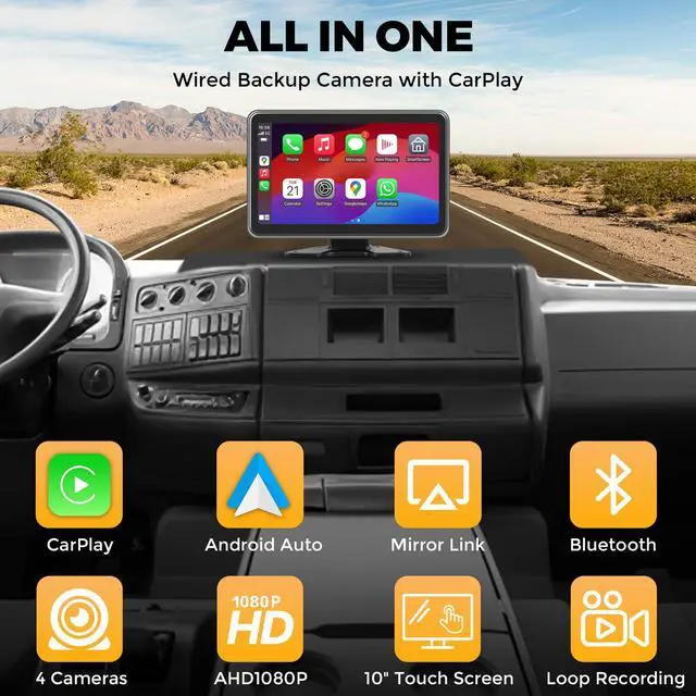 Alt view image 2 of 6 - RV Truck Camera System with CarPlay & Android Auto,4 Channel HD1080P IP68 Wired Backup Camera for Semi Trucks, RVs, Trailers, 10'' Touch Screen with DVR Recording & 64GB Micro SD Card