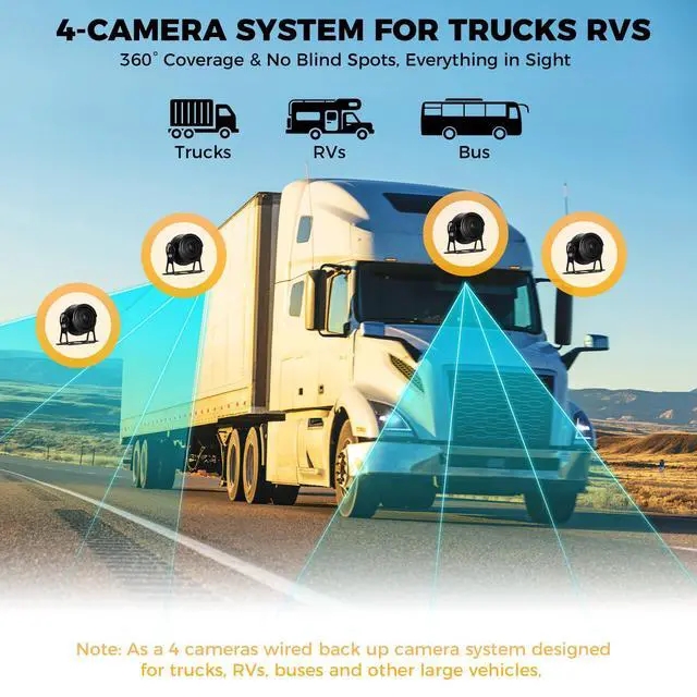 Alt view image 4 of 6 - RV Truck Camera System with CarPlay & Android Auto,4 Channel HD1080P IP68 Wired Backup Camera for Semi Trucks, RVs, Trailers, 10'' Touch Screen with DVR Recording & 64GB Micro SD Card