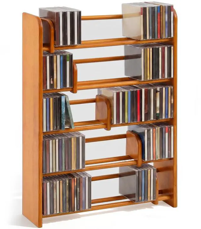 Main image of 5 Tier Solid Wood CD Storage Rack, 275+ Capacity Media Display Shelf with 5 Adjustable Sliding Dividers, Floor Standing Organizer for CDs DVDs Vinyl Records, Rustic Home Theater Furniture