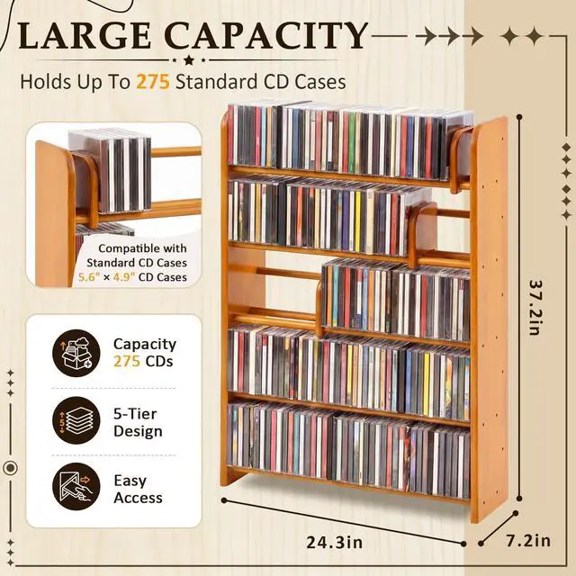 Alt view image 2 of 6 - 5 Tier Solid Wood CD Storage Rack, 275+ Capacity Media Display Shelf with 5 Adjustable Sliding Dividers, Floor Standing Organizer for CDs DVDs Vinyl Records, Rustic Home Theater Furniture