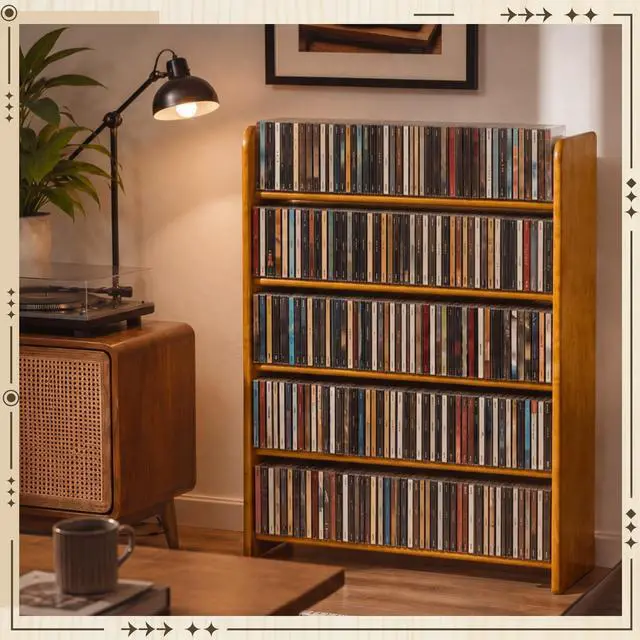 Alt view image 3 of 6 - 5 Tier Solid Wood CD Storage Rack, 275+ Capacity Media Display Shelf with 5 Adjustable Sliding Dividers, Floor Standing Organizer for CDs DVDs Vinyl Records, Rustic Home Theater Furniture