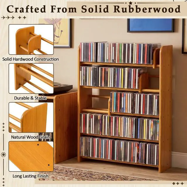 Alt view image 4 of 6 - 5 Tier Solid Wood CD Storage Rack, 275+ Capacity Media Display Shelf with 5 Adjustable Sliding Dividers, Floor Standing Organizer for CDs DVDs Vinyl Records, Rustic Home Theater Furniture