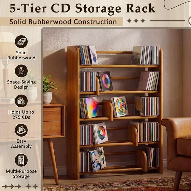 Alt view image 5 of 6 - 5 Tier Solid Wood CD Storage Rack, 275+ Capacity Media Display Shelf with 5 Adjustable Sliding Dividers, Floor Standing Organizer for CDs DVDs Vinyl Records, Rustic Home Theater Furniture