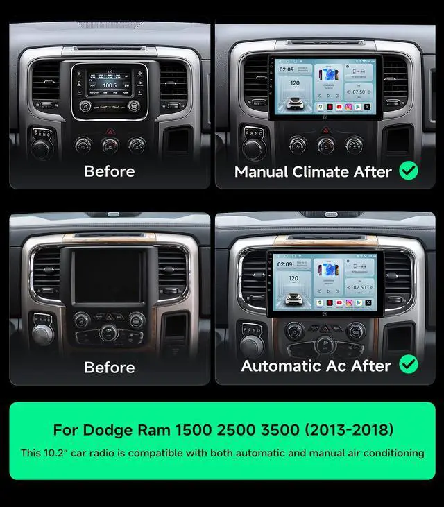 Alt view image 2 of 6 - Car Radio for Dodge Ram 1500 2500 3500 2013-2018, CarPlay Android Auto | 10.2" HD Stereo touchscreen, 64G storage, 5G WiFi GPS Navigation, wireless phone link, Bluetooth FM AM SWC, HD backup camera