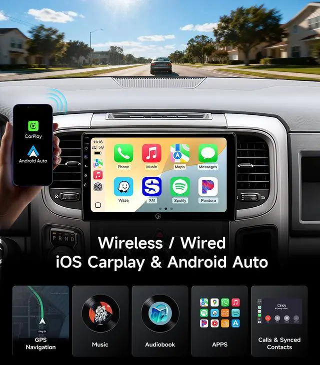 Alt view image 3 of 6 - Car Radio for Dodge Ram 1500 2500 3500 2013-2018, CarPlay Android Auto | 10.2" HD Stereo touchscreen, 64G storage, 5G WiFi GPS Navigation, wireless phone link, Bluetooth FM AM SWC, HD backup camera