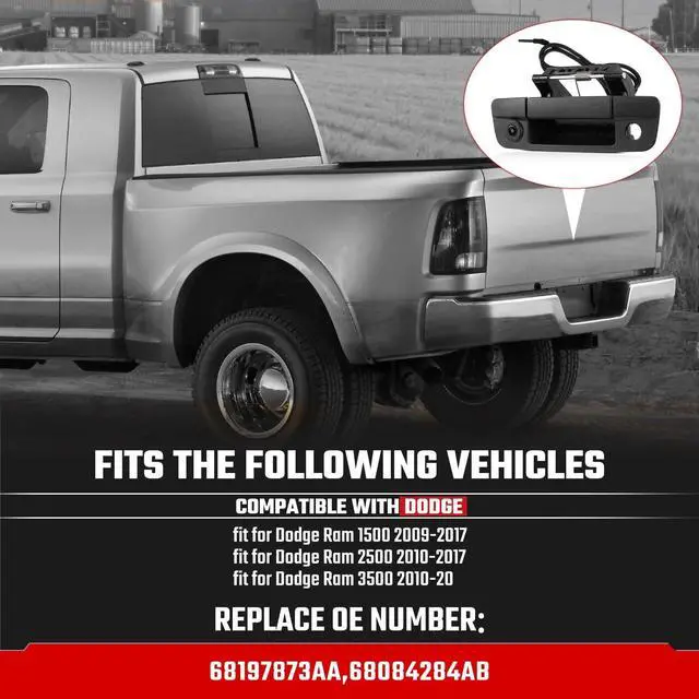 Alt view image 2 of 6 - Tailgate Handle Backup Camera Fit for Dodge RAM 1500 2500 3500 2009-2017 | Fit for Dodge RAM 2500 3500 2010-2017 Tailgate Reversing Rear View Park Assist Camera RCA Plug Replace# 68084284AB