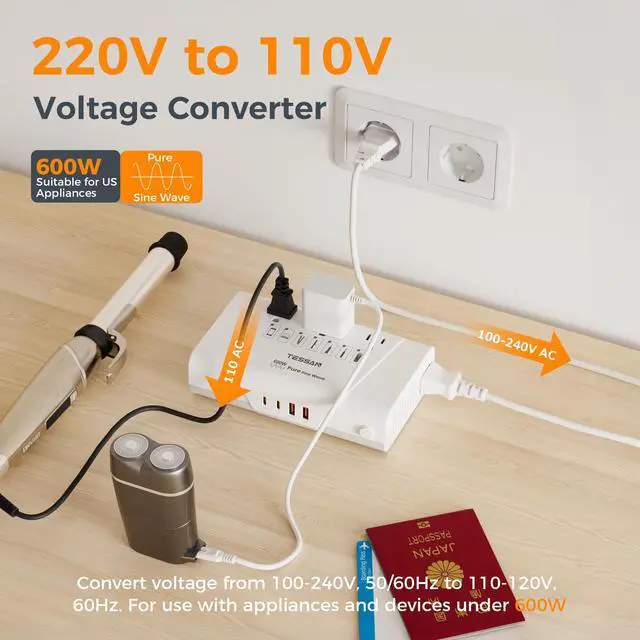 Alt view image 2 of 6 - 600W Pure Sine Wave 220V to 110V Voltage Converter US to Europe | Universal Travel Adapter, 4 USB Ports, PD 35W QC 30W, EU/UK/AU/IT/India Plug Power Converters, Step Down Transformer