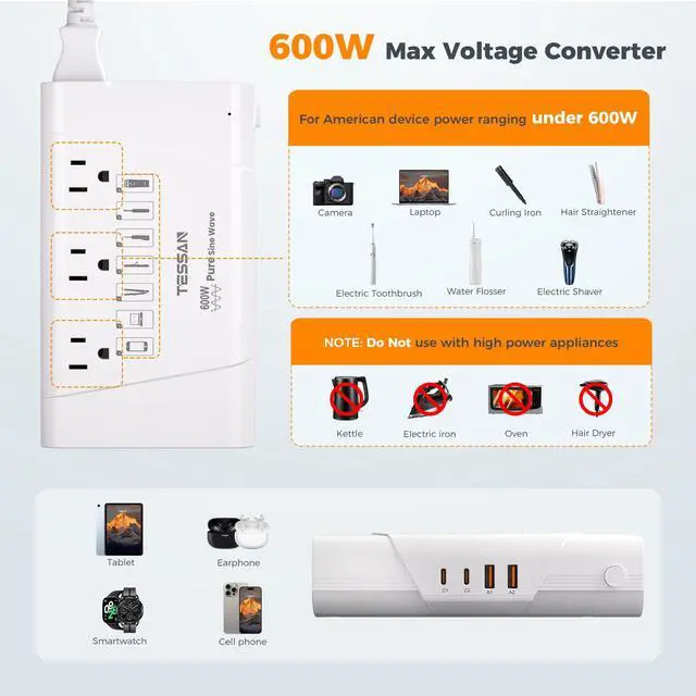 Alt view image 5 of 6 - 600W Pure Sine Wave 220V to 110V Voltage Converter US to Europe | Universal Travel Adapter, 4 USB Ports, PD 35W QC 30W, EU/UK/AU/IT/India Plug Power Converters, Step Down Transformer