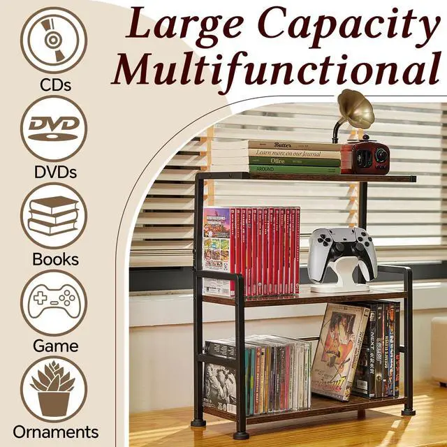 Alt view image 3 of 6 - CD Storage Rack, 3-tier CD Holder for Coutertop | CD Organizer, DVD Storage Shelf, Holds Up to 70 Standard CD, Adjustable CDs Dividers, Media Storage for CD DVDs Games Books