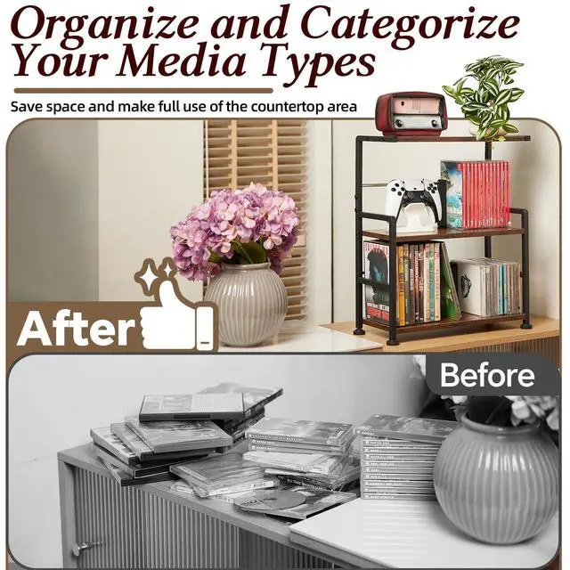 Alt view image 4 of 6 - CD Storage Rack, 3-tier CD Holder for Coutertop | CD Organizer, DVD Storage Shelf, Holds Up to 70 Standard CD, Adjustable CDs Dividers, Media Storage for CD DVDs Games Books