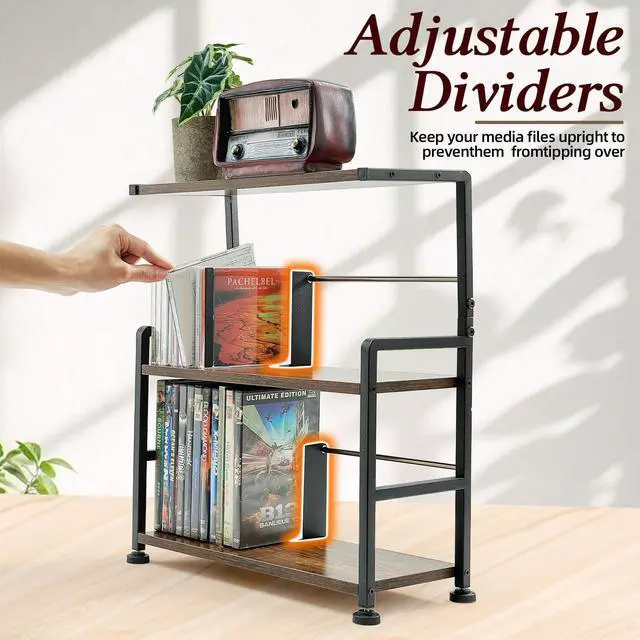 Alt view image 5 of 6 - CD Storage Rack, 3-tier CD Holder for Coutertop | CD Organizer, DVD Storage Shelf, Holds Up to 70 Standard CD, Adjustable CDs Dividers, Media Storage for CD DVDs Games Books