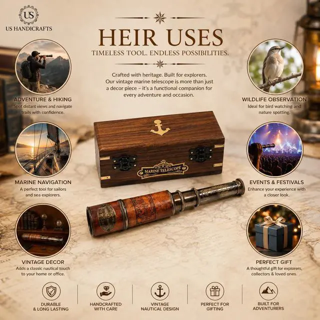 Alt view image 4 of 6 - Handcrafted Brass Maritime Telescope with Wooden Box (Style 1)